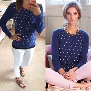 Boden Blue Crew Neck Sweater with White Polka Dots